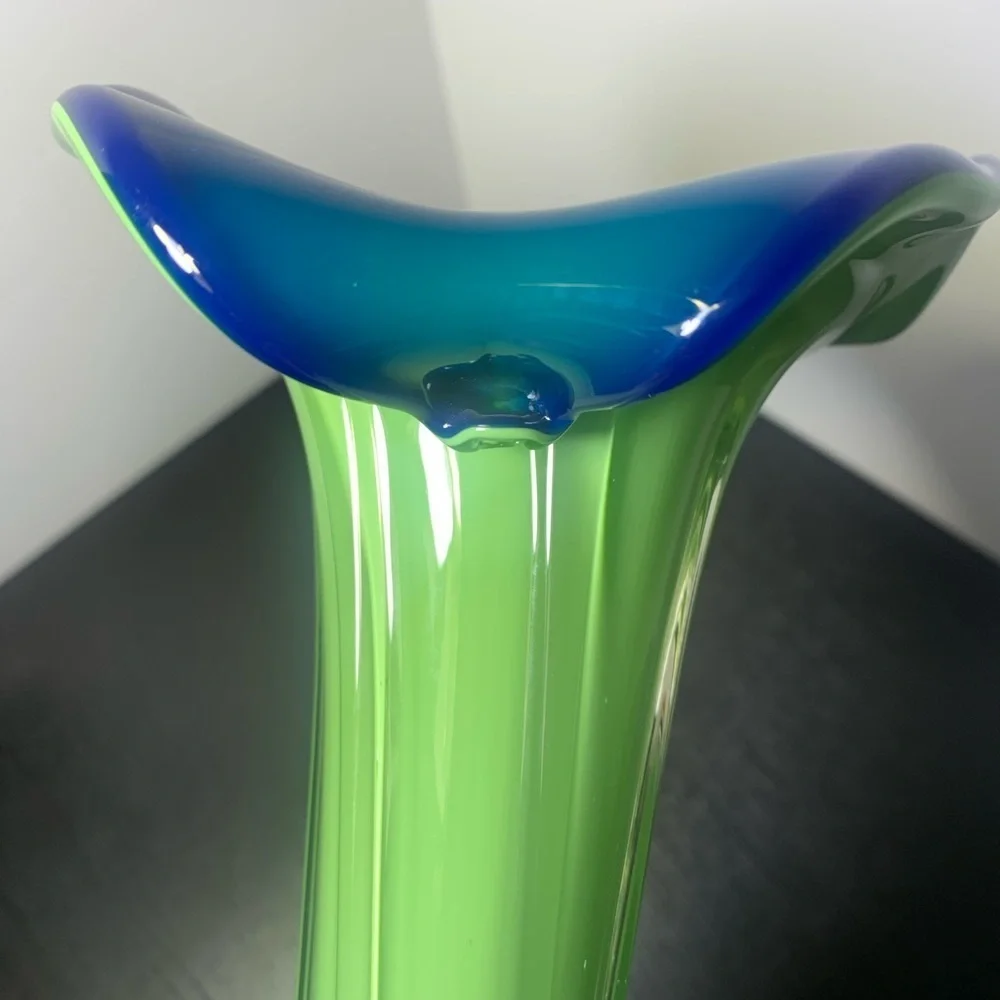 Hand Blown Murano Styled Art Glass Trumpet Tulip Vase Lime Green Blue